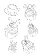 Coloring of five different cupcakes with berries, chocolate and cups