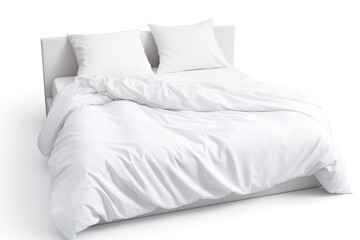 Bed covered with all white duvets and pillows, isolated on white background