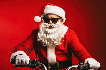 Foto op Canvas Photo of confident Santa Claus ready ride retro bike wear sunglass x-mas hat suit on red color background © wolfhound911