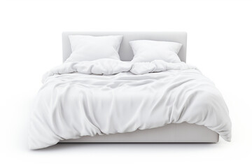 Bed covered with all white duvets and pillows, isolated on white background