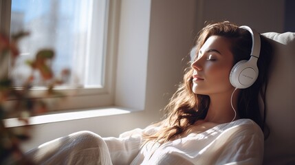 Young woman listening music through headphones on sofa at living home.