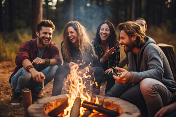 A group of friends gathers around a campfire, enjoying a summer night filled with laughter.
