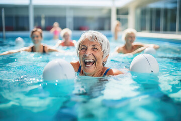 In the pool, seniors of all ages come together for aqua fitness, fostering health and friendship. - obrazy, fototapety, plakaty