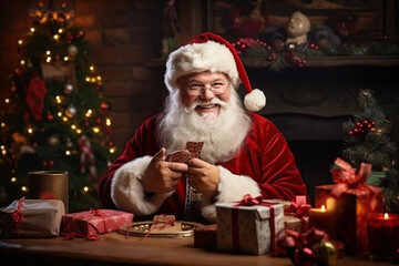 Portrait of happy old bearded Santa Claus wearing hat, glasses, looking at camera
