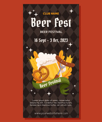 Beer festival vertical banner template design. Design with glass of beer, pretzel and fork with sausage, wheat and leaves. Rhombus pattern on back