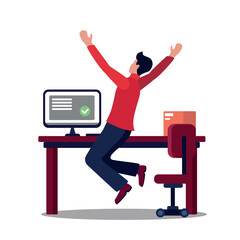 A young man jumps with happiness at work at the table