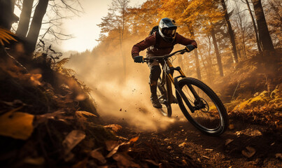 Mountain biker rides in sun autumn forest, Silhouette of biker.