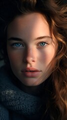 Fototapeta premium Close-Up Portrait of Woman with Striking Blue Eyes, Captivating Gaze, 28 years old, Generative AI
