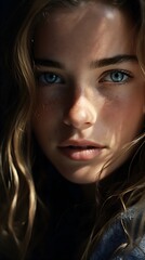 Close-Up Portrait of Woman with Striking Blue Eyes, Captivating Gaze, 22 years old, Generative AI