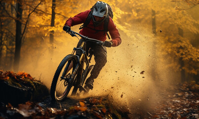 Mountain biker rides in sun autumn forest, Silhouette of biker.