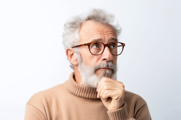 Thinking face old man with decision on isolated white background. - obrazy, fototapety, plakaty