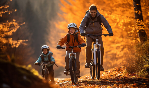 Happy Family ride a bike in autumn forest, Father and children in helmet learn to riding a bike in park fall day at sunset time. 
