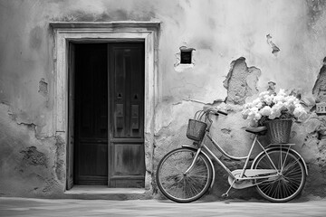 old vintage bicycle in front of a house wall