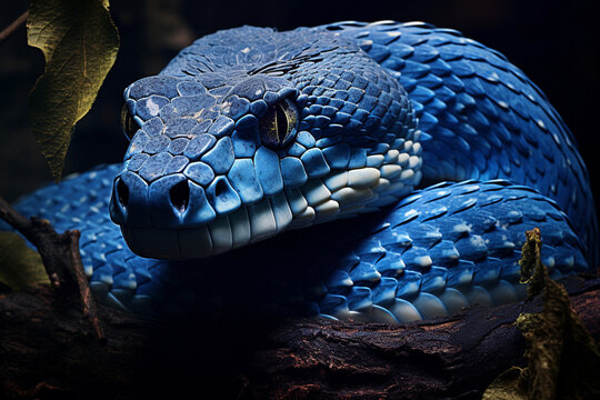 Generative AI illustration of dangerous snake with blue skin crawling in dark jungle in dark background