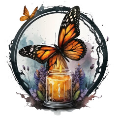 Watercolor Monarch Butterfly with candle, round Butterflies graphic illustration isolated with a transparent background, insect design