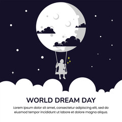 Vector graphic of girl flying in the sky with a moon illustration suitable for world dream day