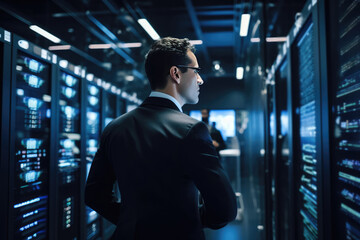 Fototapeta premium Guard In Background Data Centers. Сoncept Security, Cooling Systems, Incidents Investigation, Data Storage