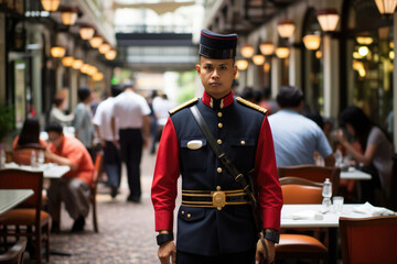 Guard In Background Restaurants. Сoncept Employee Wellness And Safety, Customer Service Expectations, Food Safety Protocols, Restaurant Rules And Regulations