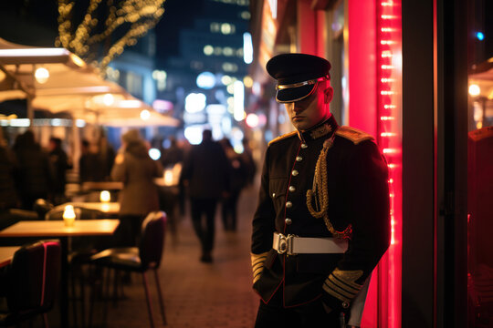 Guard In Background Nightclubs. Сoncept Hiring Security Guards, Nightclub Safety, Improving Staff Training, Alcohol Regulations