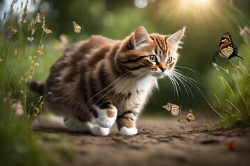 Naklejka na ściany i meble cat in the garden with butterflies