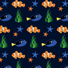 Obraz premium Pattern with fish and starfish on a dark blue background