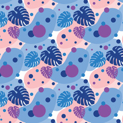 A pattern with a monstera, circles and abstract smooth shapes