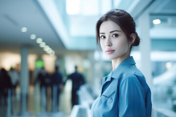 Obraz premium Woman Guard On Defocused Background Hospitals . Сoncept Women In Security, Working In Hospitals, Security For Healthcare, Background Blur Effects