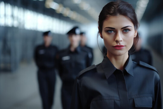 Woman Guard On Defocused Background Prisons . Сoncept Rise Of Women In Modern Prisons, Gender Equality In Prisons, Prisons And Social Reform, Psychological Impact Of Prisons