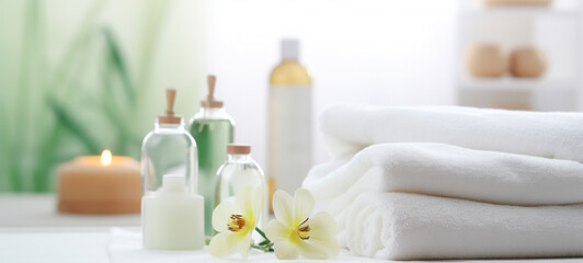 Spa setting, towels with herbal bags, beauty treatment items set in the spa, and health care items, spa collection
