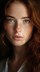 Obraz premium Close-Up Portrait of Woman with Striking Blue Eyes, Captivating Gaze, 22 years old, Generative AI