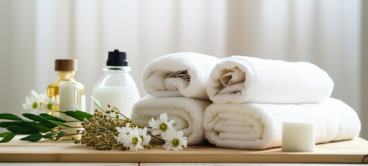 Obraz na płótnie Canvas Spa setting, towels with herbal bags, beauty treatment items set in the spa, and health care items, spa collection
