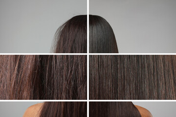 Photo of woman divided into halves before and after hair treatment on grey background, back view....