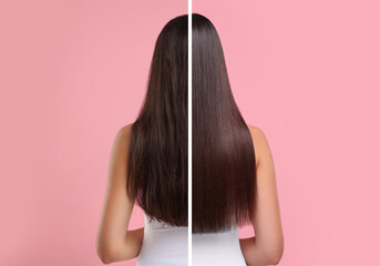 Photo of woman divided into halves before and after hair treatment on pink background, back view