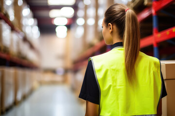 Woman Guard On Defocused Background Warehouses . Сoncept Female Security Guards, Warehousing And Logistics, Protecting Our Possessions, Women In Leadership