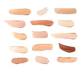 Foundation of different textures and shades for various skin types isolated on white. Set with samples of makeup product