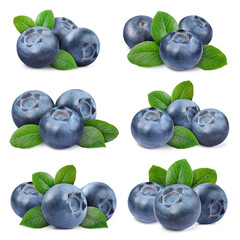 Set with fresh blueberries and green leaves isolated on white
