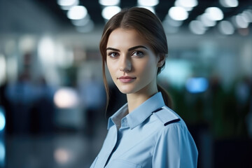 Woman Guard On Defocused Background Research Facilities. Сoncept Women In Security, Research Facilities Security, Defocus Photography Techniques, Gender Equality In Jobs