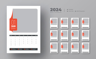 Wall calendar design template 2024, Set of Monthly pages Calendar, Monthly planner design in corporate and business style, Simple calendar with the week starting Monday