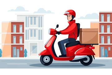 Man package courier box online delivery service motorcycle car scooter fast speed