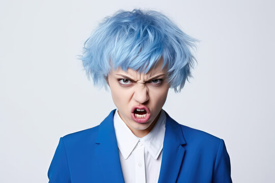 Anger European Girl In Blue Suit On White Background