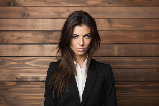 Anger European Woman In Black Suit On Wooden Plank Background