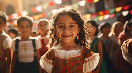 Portrait of children Mexican in Independence Celebration Day, Revolucion mexicana. - obrazy, fototapety, plakaty