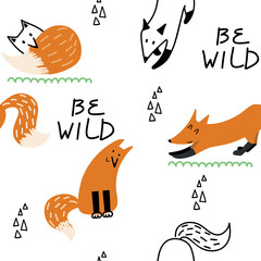 Fototapeta premium Vector seamless pattern with foxes. Cute cartoon characters.