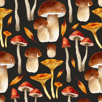 Watercolor brown chanterelle mushroom cute fall autumn floral forest harvest seamless pattern