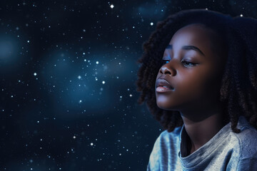 Sadness African Girl In White Cardigan On Galaxy Stars Background