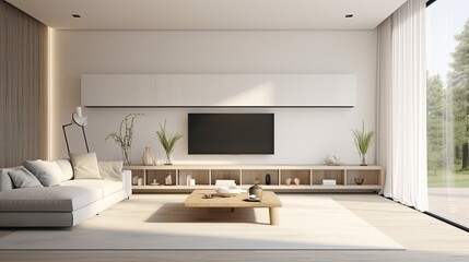 Fototapeta na wymiar Modern minimalist living room with TV and beige sofa.