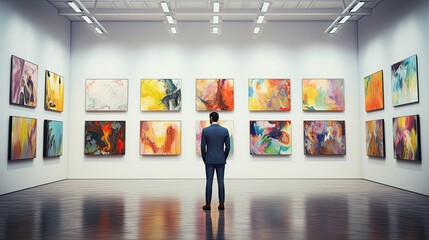 Businessman in an art gallery, surrounded by modern art, emphasizing creativity in business
