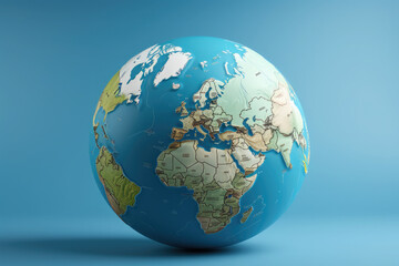 Fototapeta premium Globe on a blue background. Earth map 3D. Concept of protecting and saving the earth and environment. Ecosystem