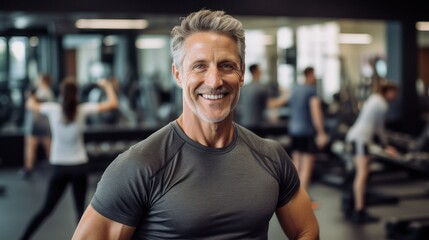 Motivation, fitness and portrait of asenior man in gym wellness and cardio workout. Smile, healthy body and face of senior male after training, exercise and sports goals - obrazy, fototapety, plakaty