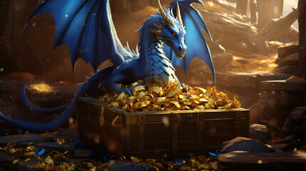 Fantasy scene with blue dragon treasure chest and pie - obrazy, fototapety, plakaty